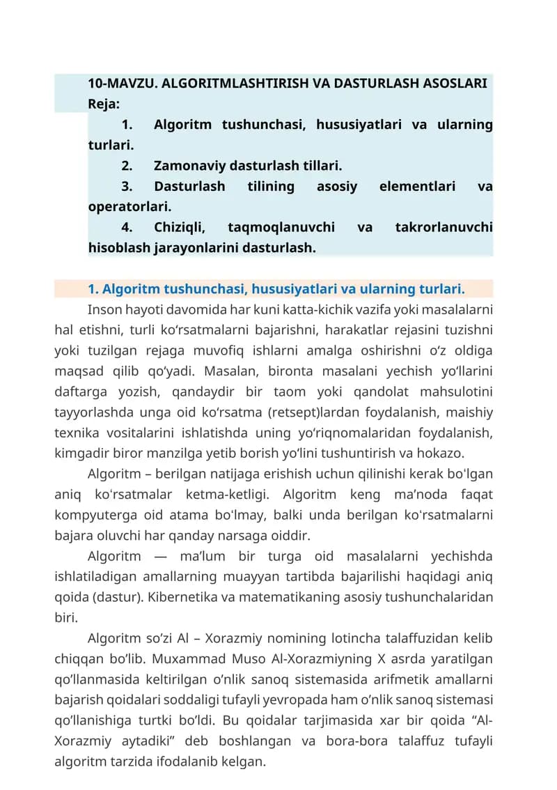 ALGORITMLASHTIRISH VA DASTURLASH ASOSLARI