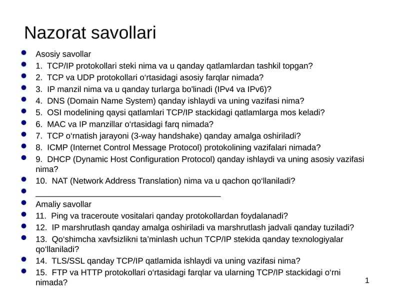 Ilova pog‘onasi ta’rifi. Klient-server va peer to peer modellari, arxitekturalari. Internet ilovalari. Internetdagi DNS xizmati. World Wide Web ta'rifi. HTTP, HTML, URL tushunchalari
