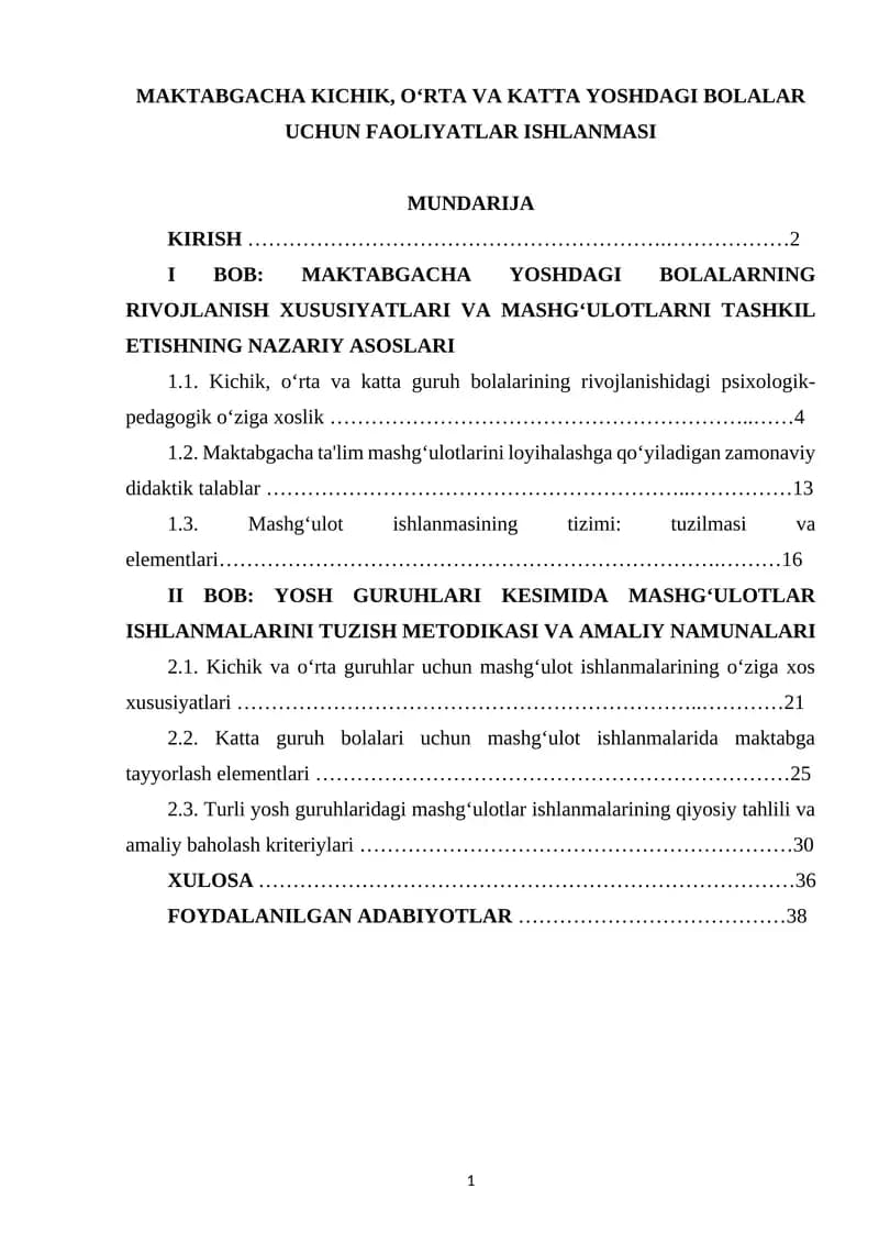 MAKTABGACHA KICHIK, О‘RTA VA KATTA YOSHDAGI BOLALAR UCHUN FAOLIYATLAR ISHLANMASI
