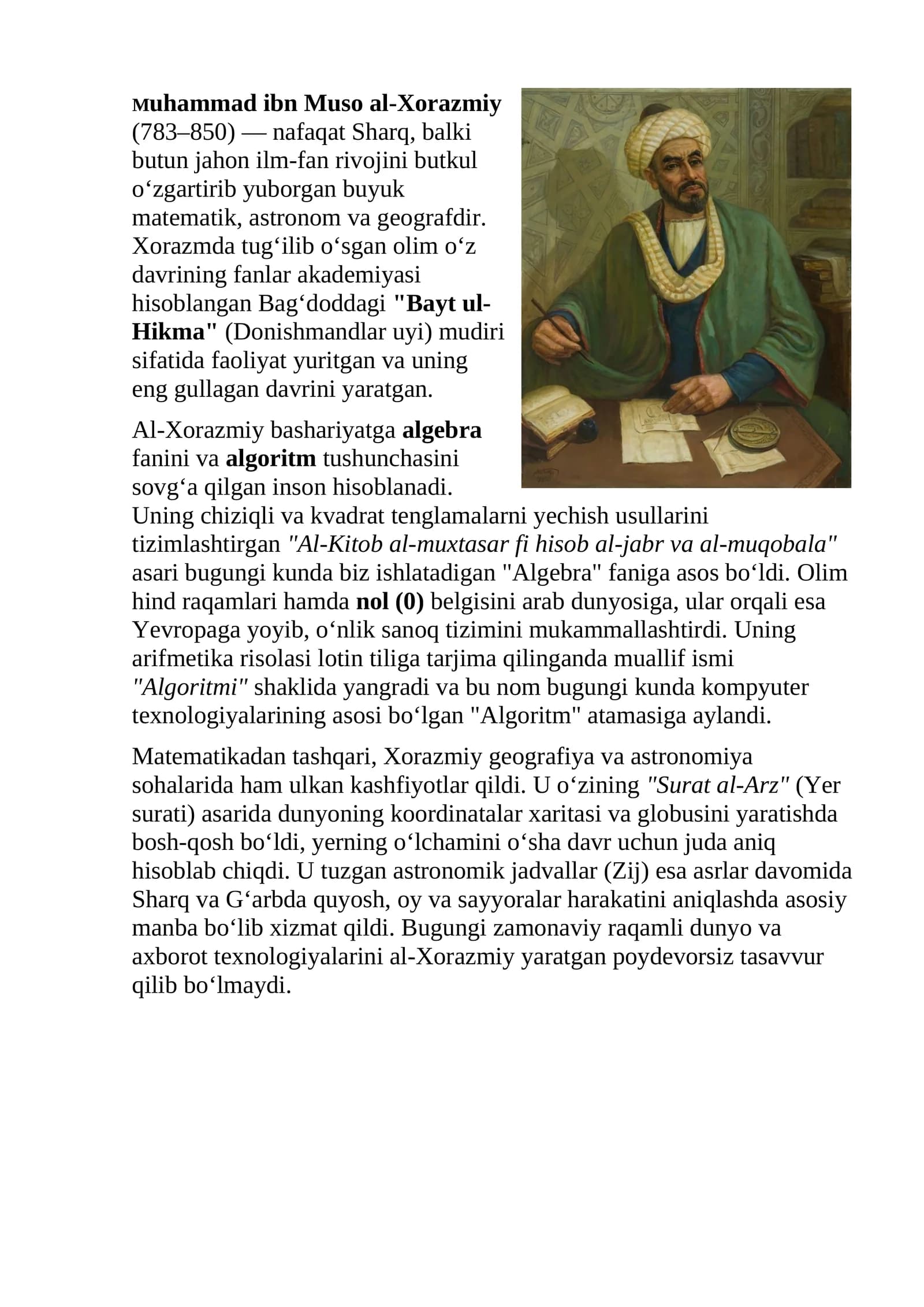 Muhammad Al Xorazmiy haqida ma'lumot