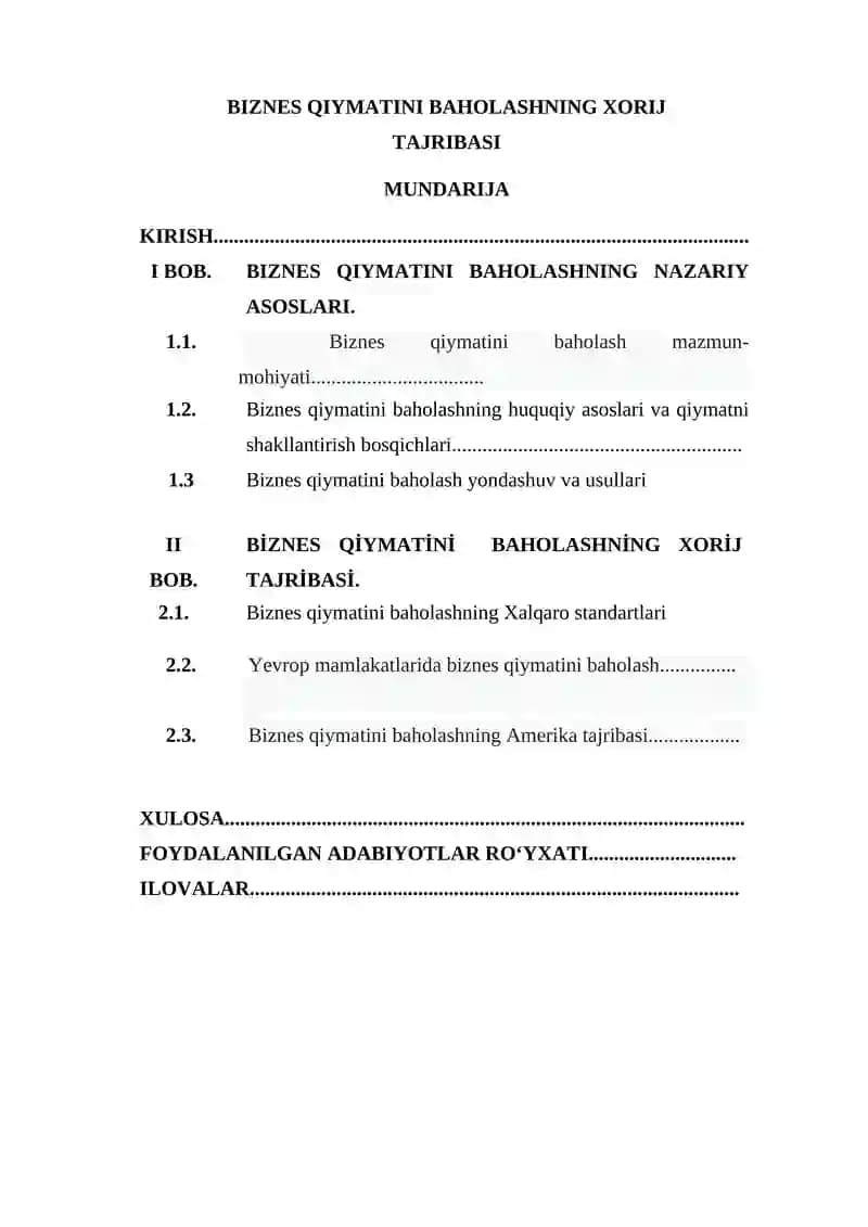 BIZNES QIYMATINI BAHOLASHNING XORIJ TAJRIBASI