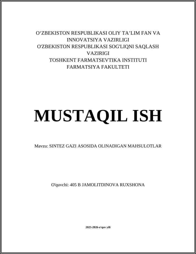 SINTEZ GAZI ASOSIDA OLINADIGAN MAHSULOTLAR