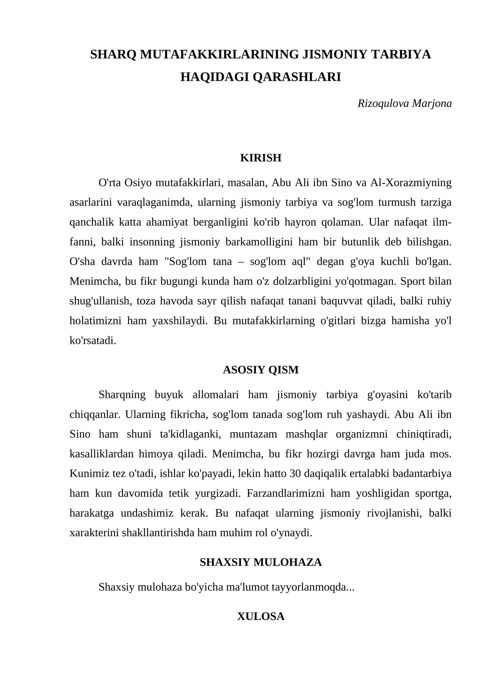 Sharq mutafakkirlarining jismoniy tarbiya haqidagi qarashlari
