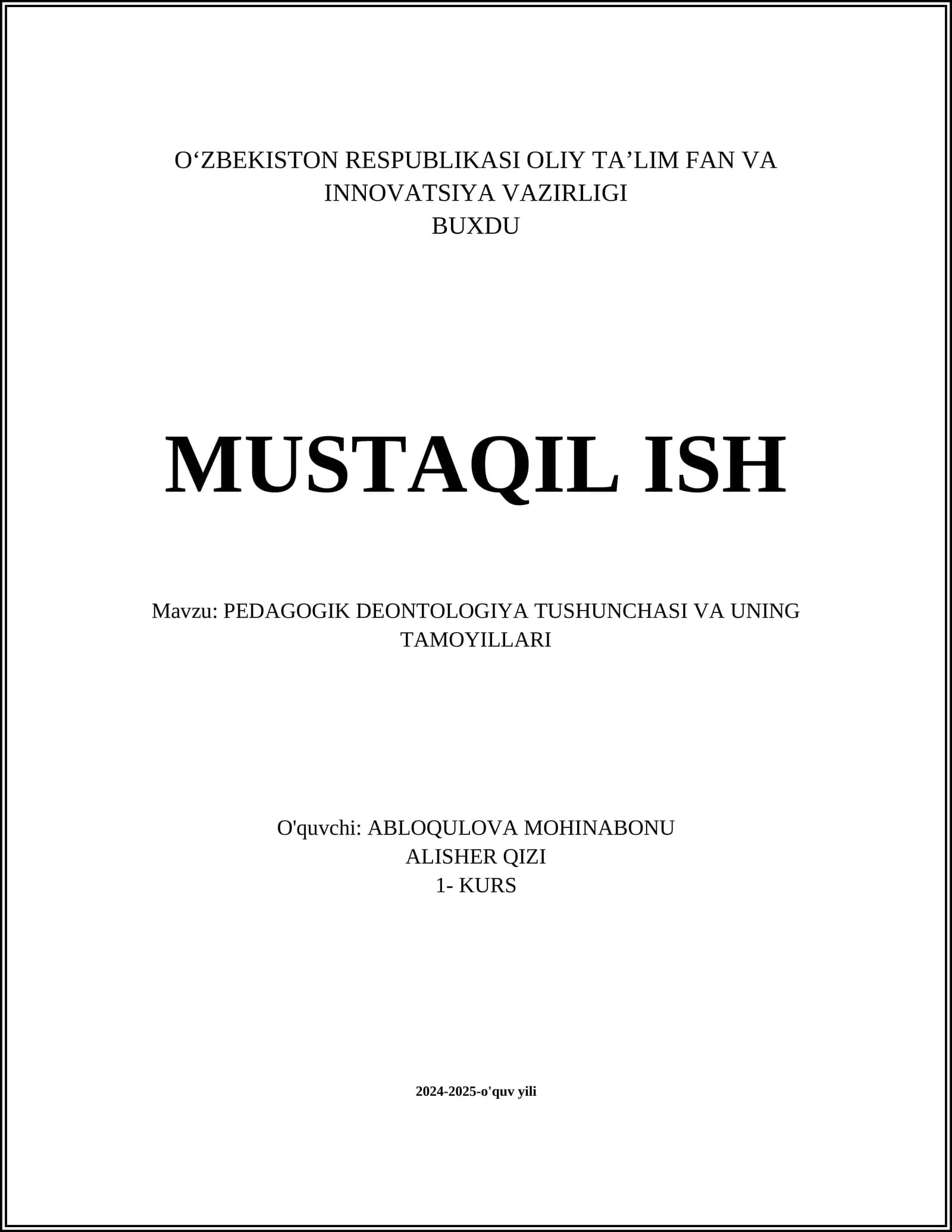 PEDAGOGIK DEONTOLOGIYA TUSHUNCHASI VA UNING TAMOYILLARI
