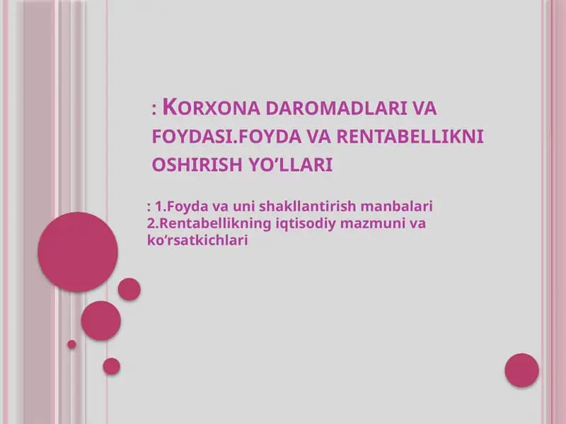 Xo‘jalikyurituvchi subyektlarningishlabchiqarish—xo‘jalik faoliyat natijasidaolinadigandaromadlarro‘yxati
