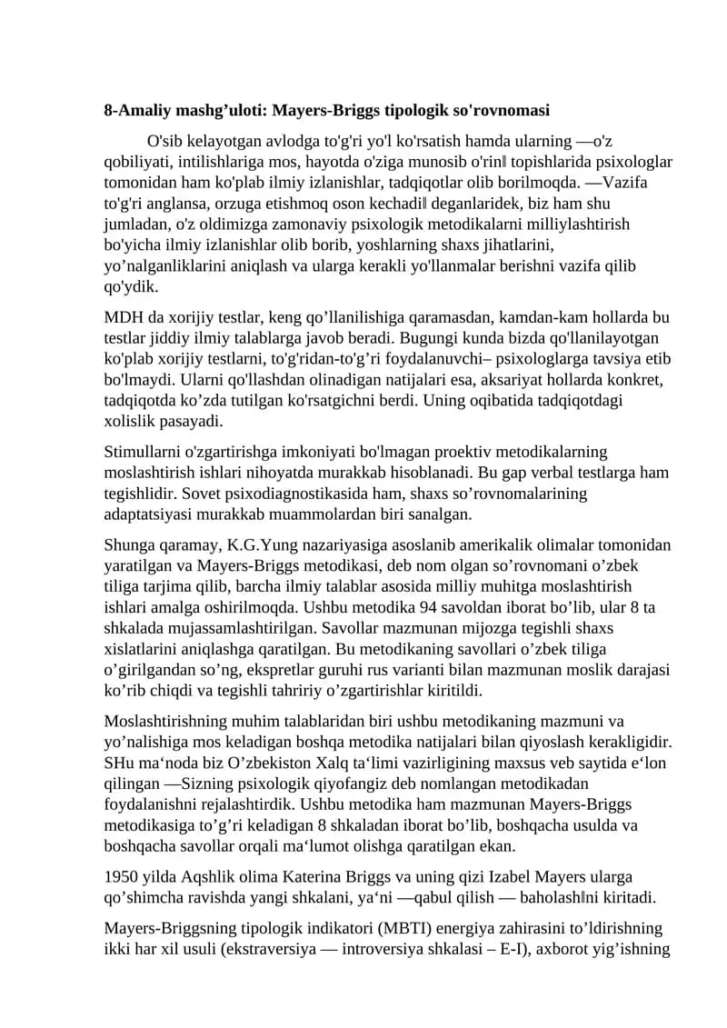 8-Amaliy mashg’uloti: Mayers-Briggs tipologik so'rovnomasi
