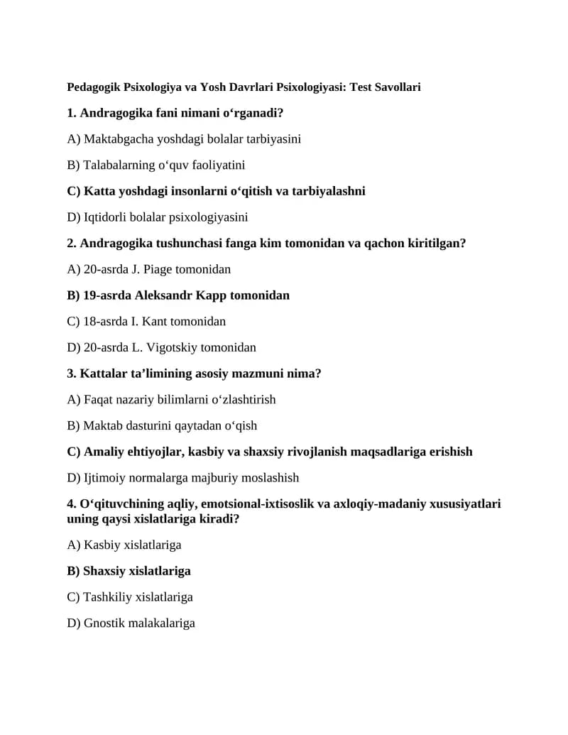 Pedagogik Psixologiya va Yosh Davrlari Psixologiyasi: Test Savollari