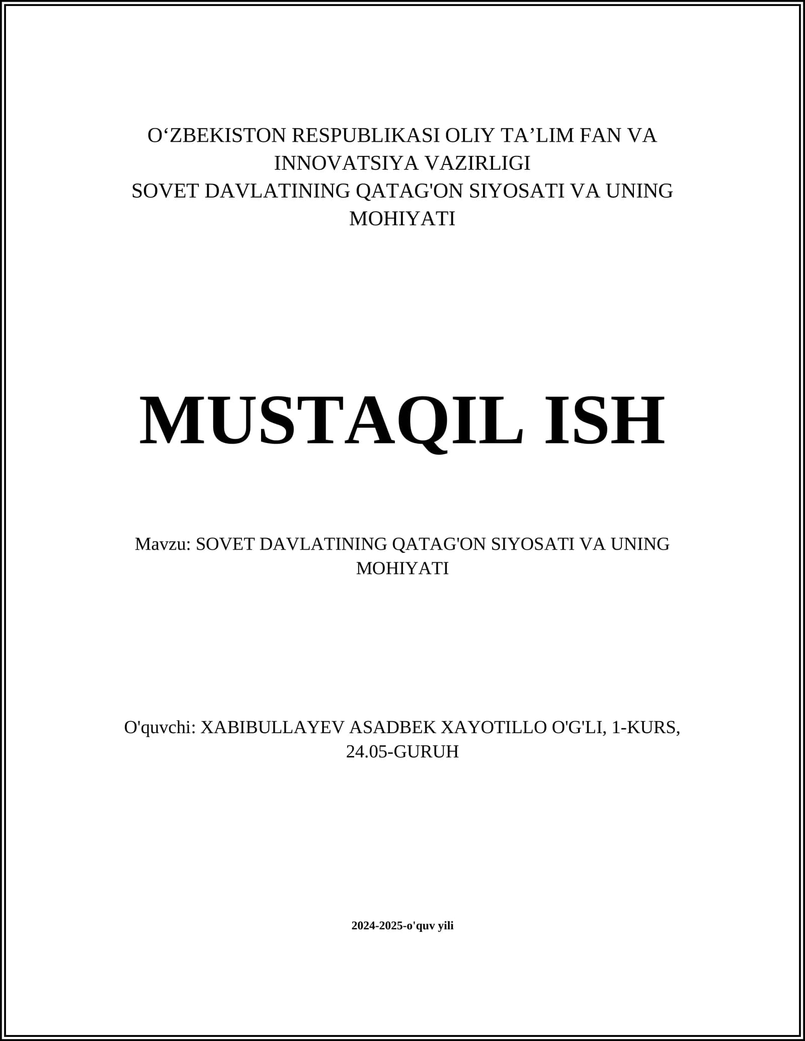 SOVET DAVLATINING QATAG'ON SIYOSATI VA UNING MOHIYATI