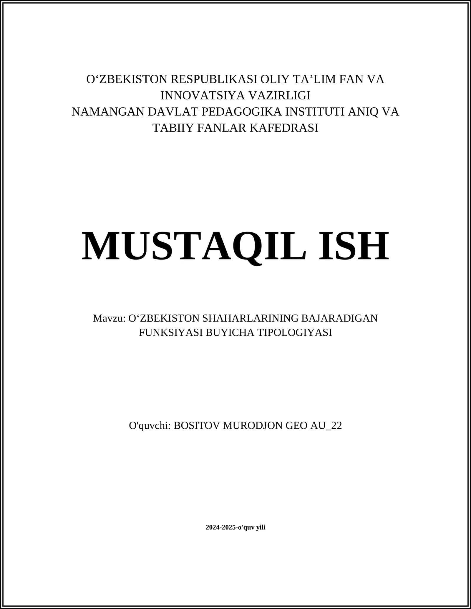 OʻZBEKISTON SHAHARLARINING BAJARADIGAN FUNKSIYASI BUYICHA TIPOLOGIYASI