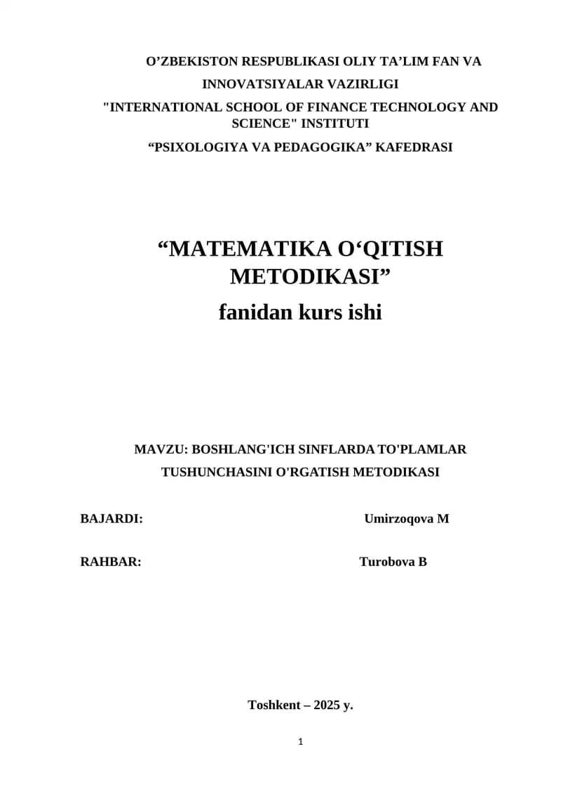 BOSHLANG'ICH SINFLARDA TO'PLAMLAR TUSHUNCHASINI O'RGATISH METODIKASI