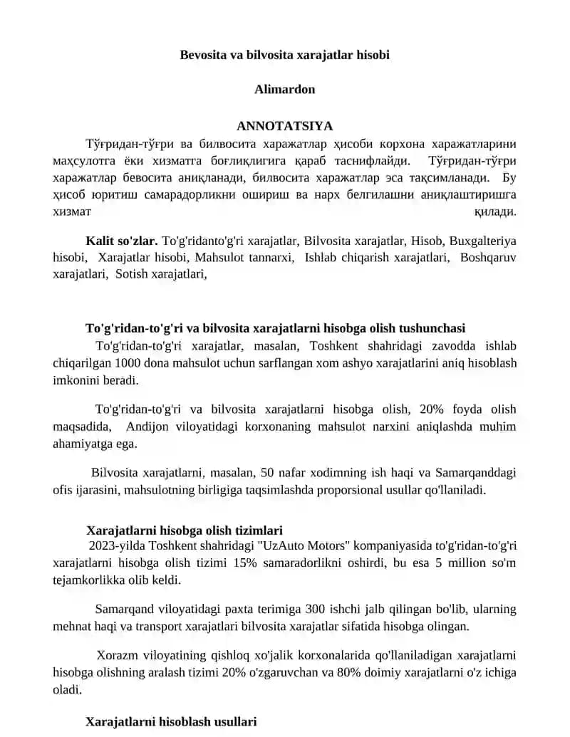 Bevosita va bilvosita xarajatlar hisobi