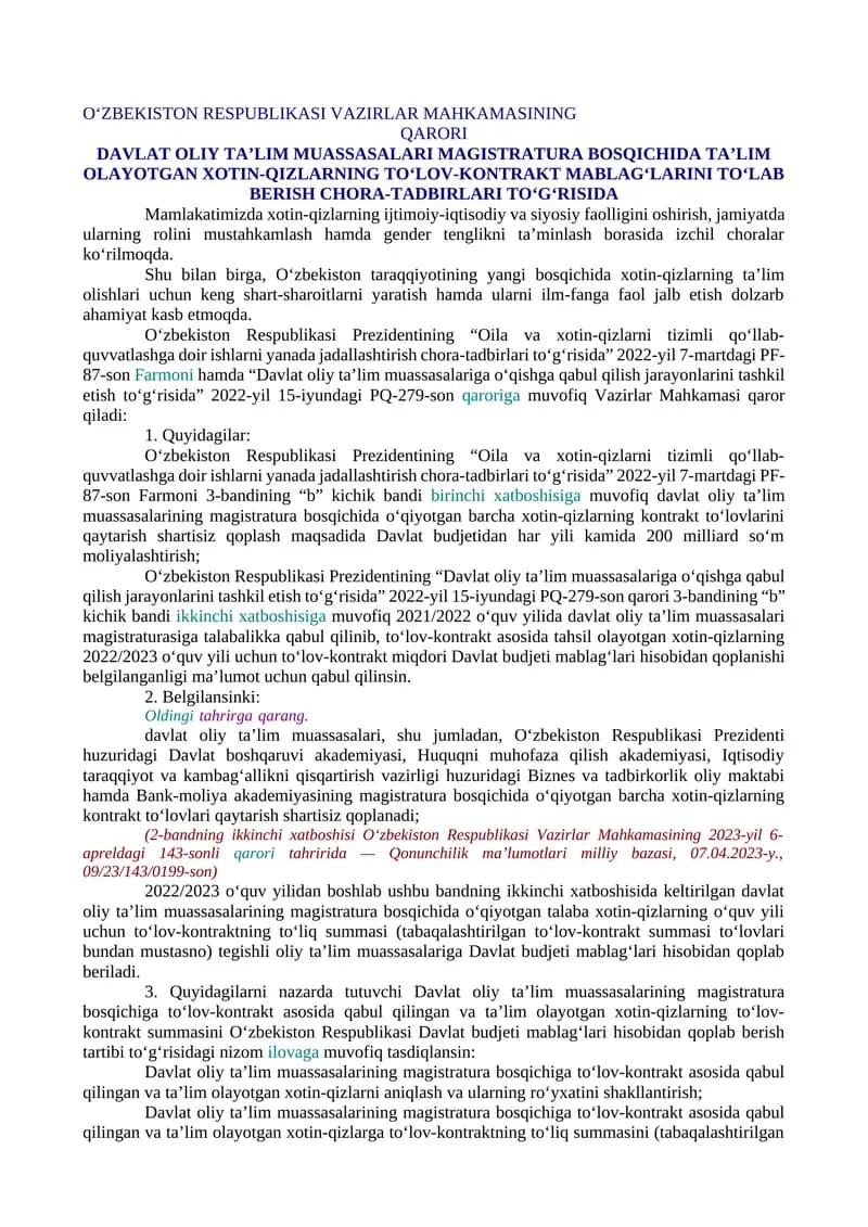 DAVLAT OLIY TA’LIM MUASSASALARI MAGISTRATURA BOSQICHIDA TA’LIM OLAYOTGAN XOTIN-QIZLARNING TO‘LOV-KONTRAKT MABLAG‘LARINI TO‘LAB BERISH CHORA-TADBIRLARI TO‘G‘RISIDA
