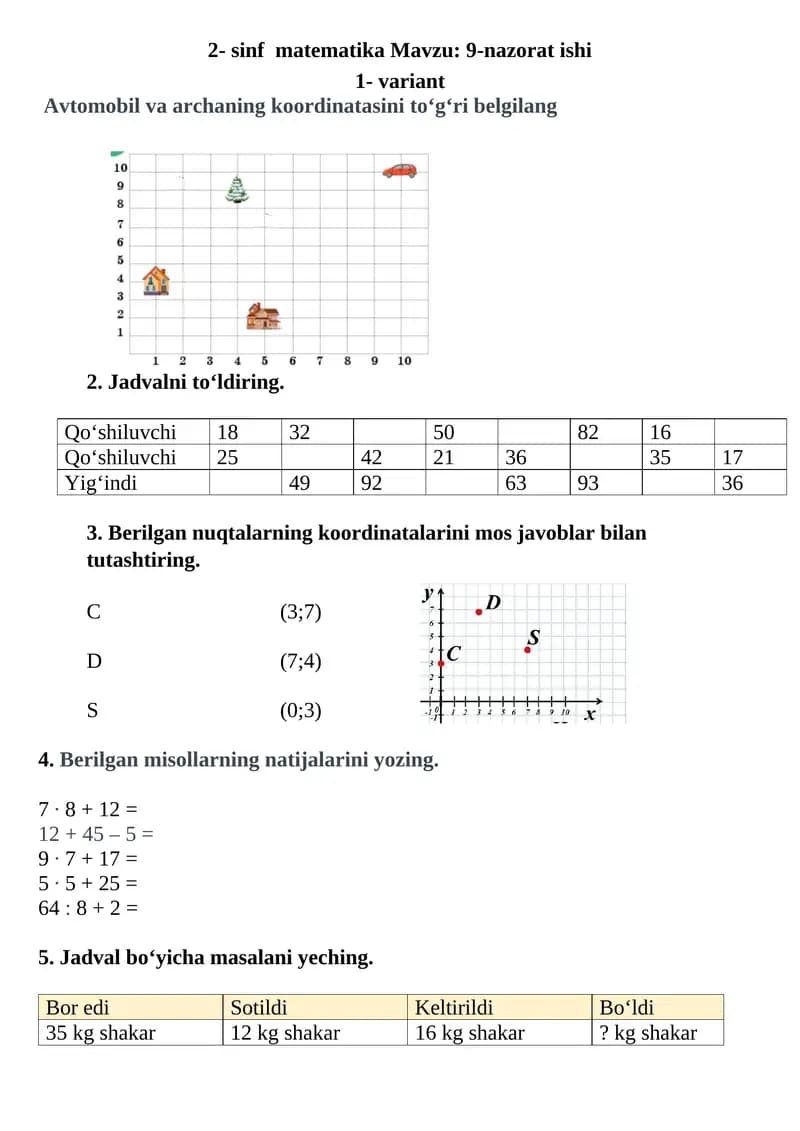 2- sinf matematika Mavzu: 9-nazorat ishi