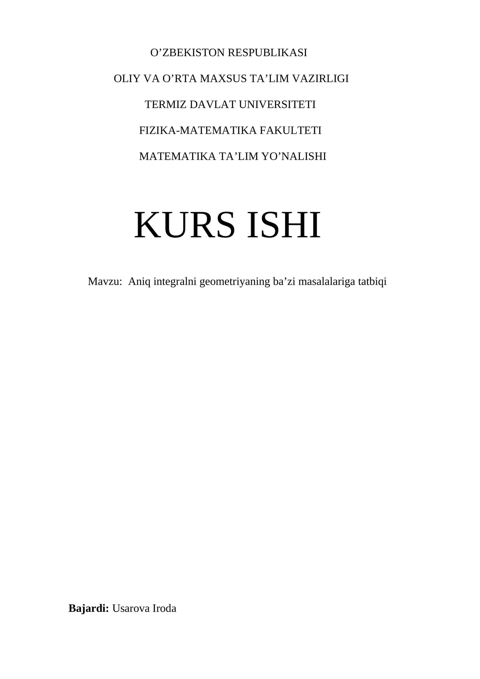 Aniq integralni geometriyaning ba’zi masalalariga tatbiqi