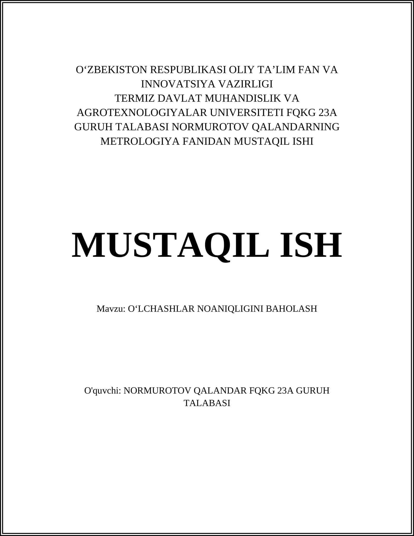 METROLOGIYA FANIDAN MUSTAQIL ISHI