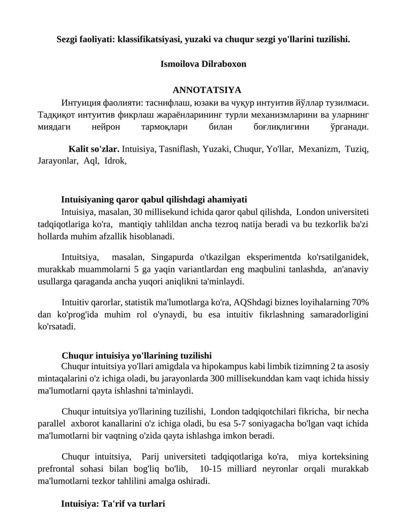 Sezgi faoliyati: klassifikatsiyasi, yuzaki va chuqur sezgi yo'llarini tuzilishi.