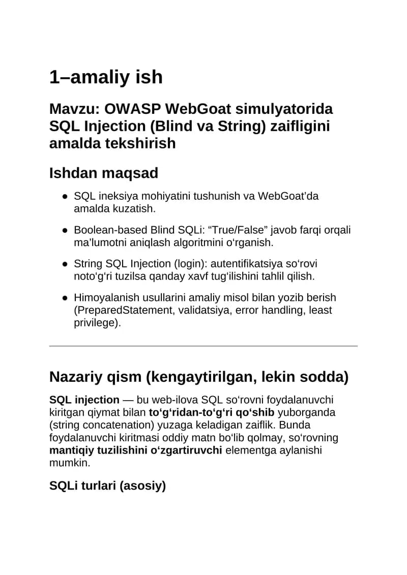 OWASP WebGoat simulyatorida SQL Injection (Blind va String) zaifligini amalda tekshirish