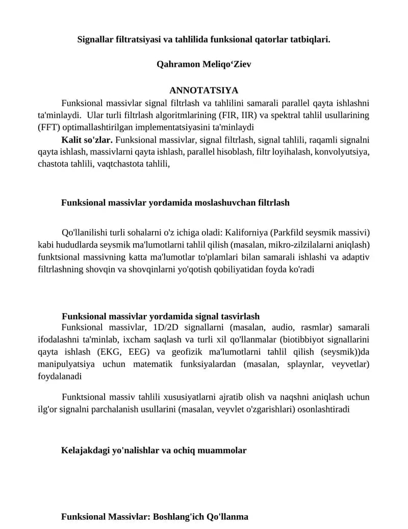 Signallar filtratsiyasi va tahlilida funksional qatorlar tatbiqlari