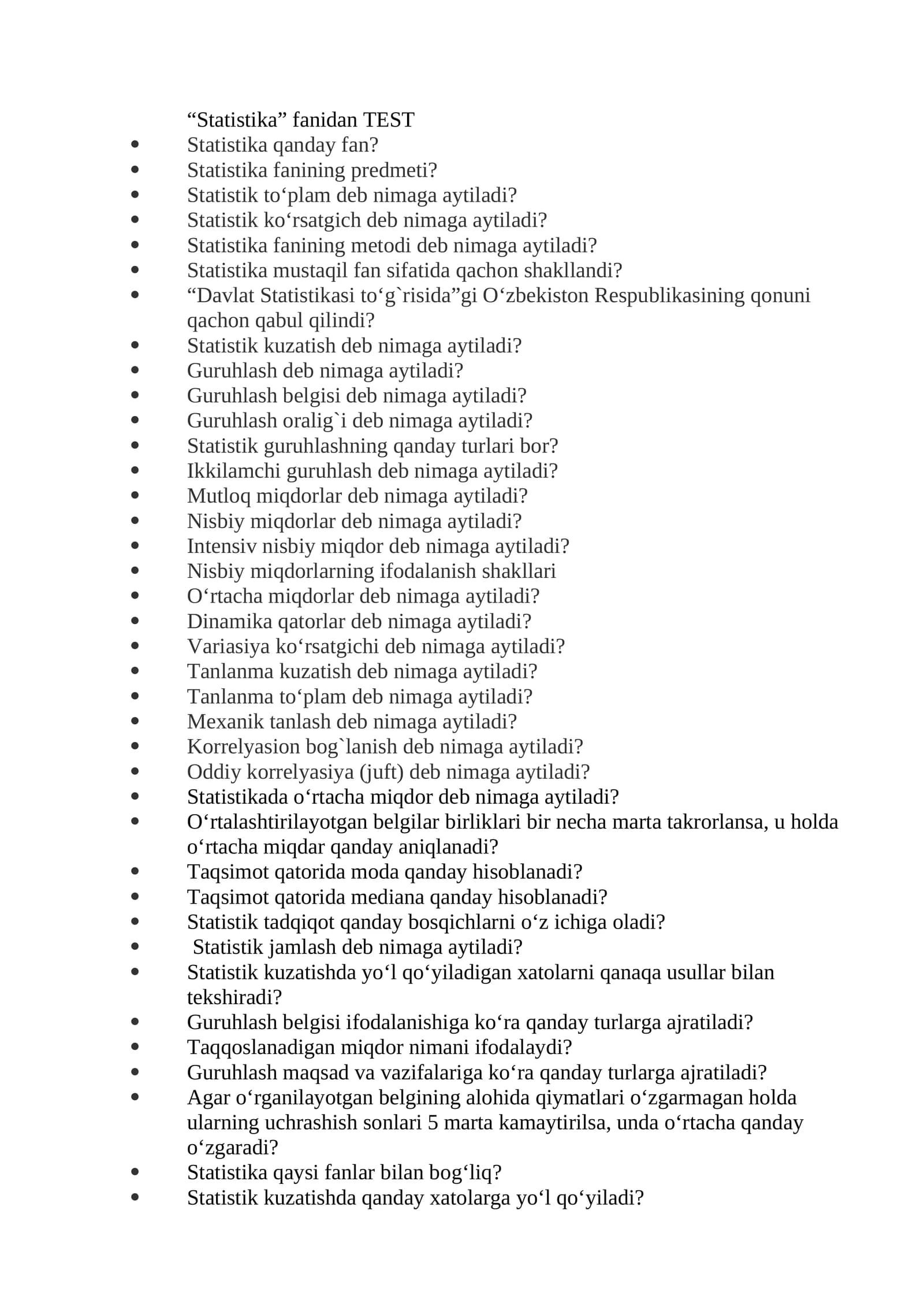 "Statistika” fanidan TEST