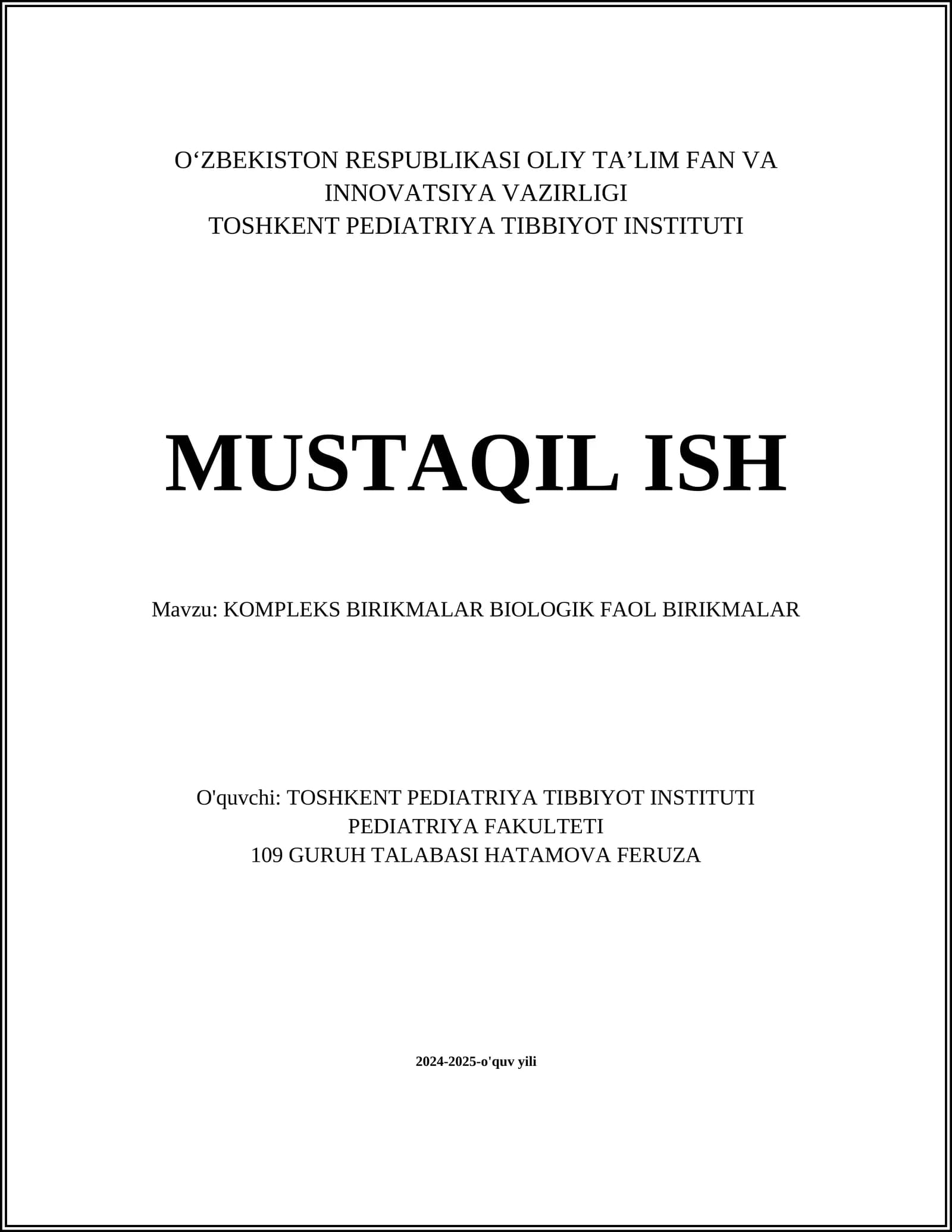 KOMPLEKS BIRIKMALAR BIOLOGIK FAOL BIRIKMALAR