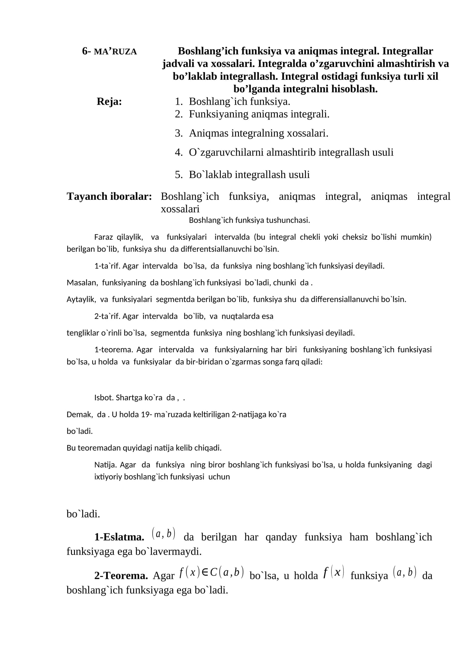 Boshlang`ich funksiya va aniqmas integral