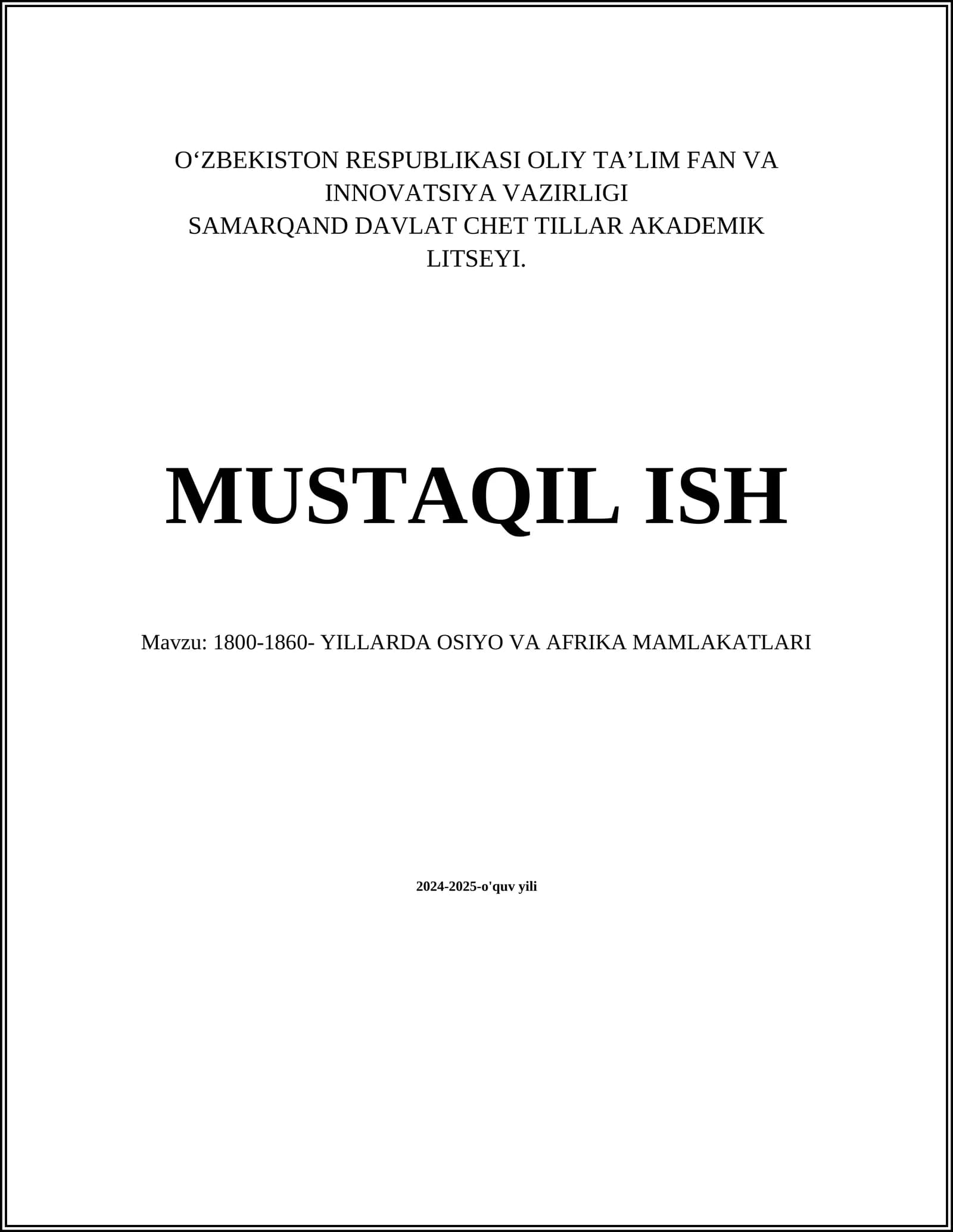 1800-1860 YILLARDA OSIYO VA AFRIKA MAMLAKATLARI