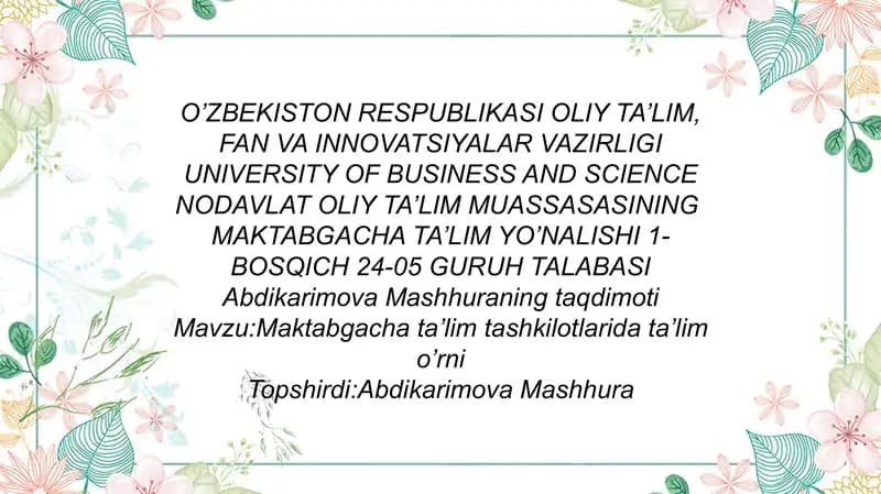 Maktabgacha ta’lim tashkilotlarida ta’lim o’rni