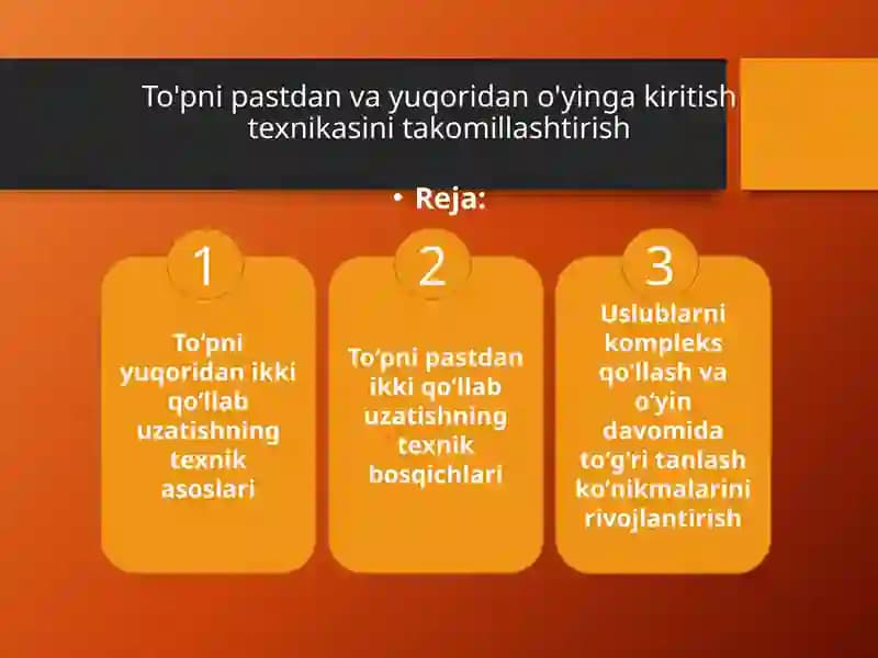 To'pni pastdan va yuqoridan o'yinga kiritish texnikasini takomillashtirishjismoniy