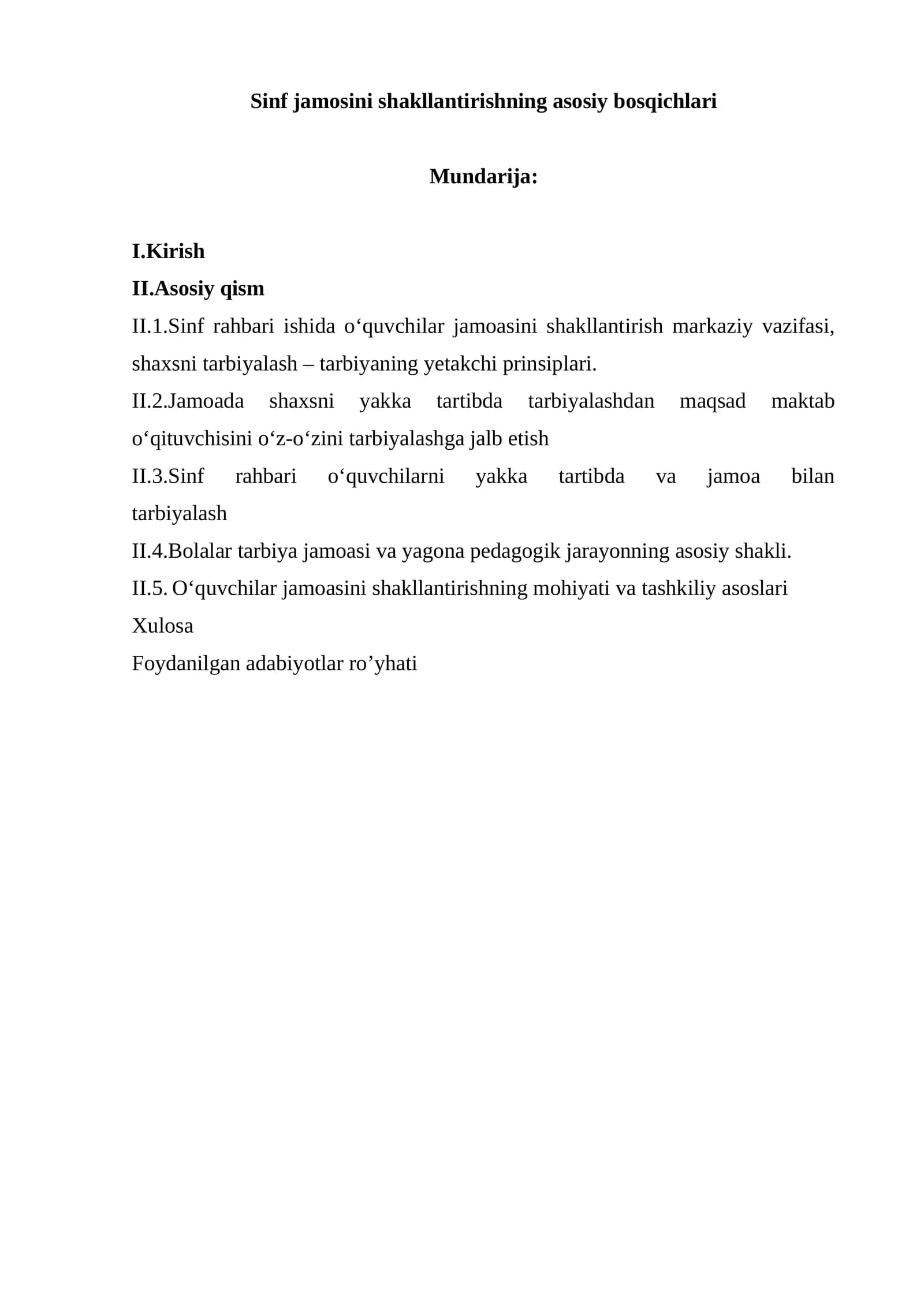 Sinf jamosini shakllantirishning asosiy bosqichlari