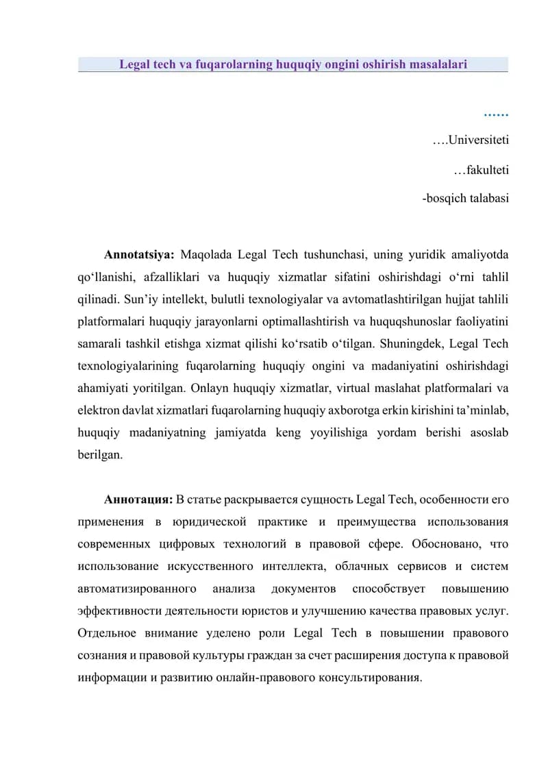 Legal tech va fuqarolarning huquqiy ongini oshirish masalalari