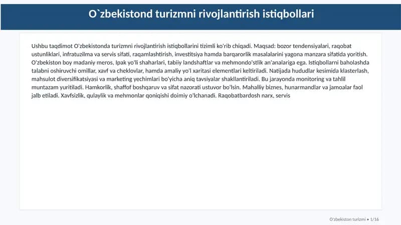 O`zbekistond turizmni rivojlantirish istiqbollari