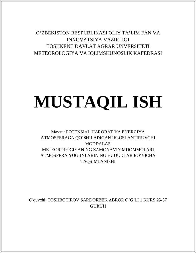 POTENSIAL HARORAT VA ENERGIYA ATMOSFERAGA QOʻSHILADIGAN IFLOSLANTIRUVCHI MODDALAR