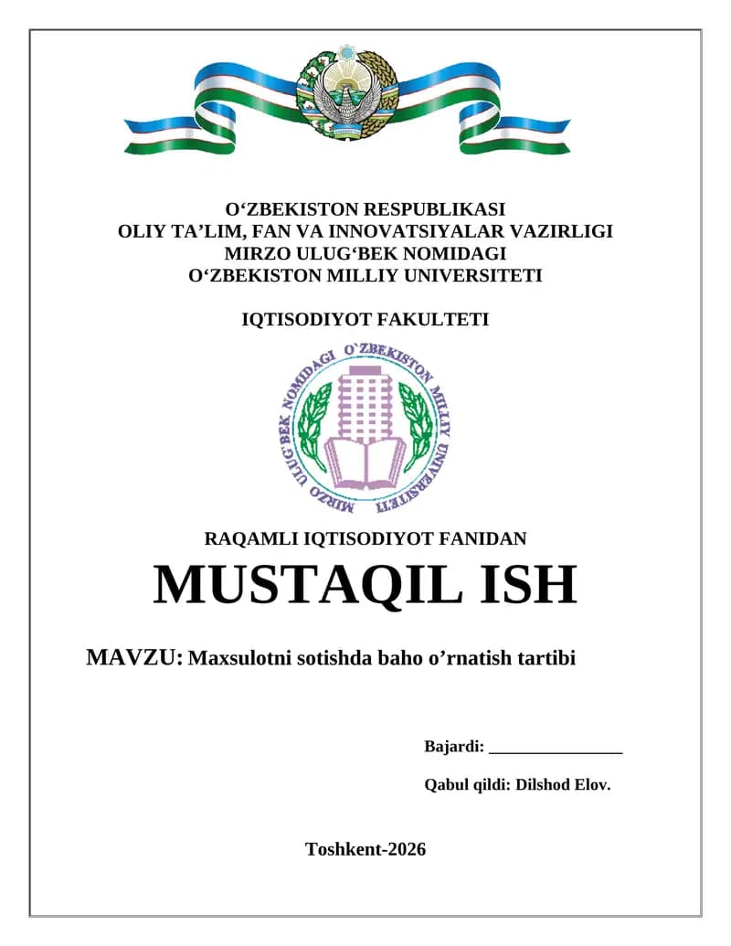 Maxsulotni sotishda baho o’rnatish tartibi