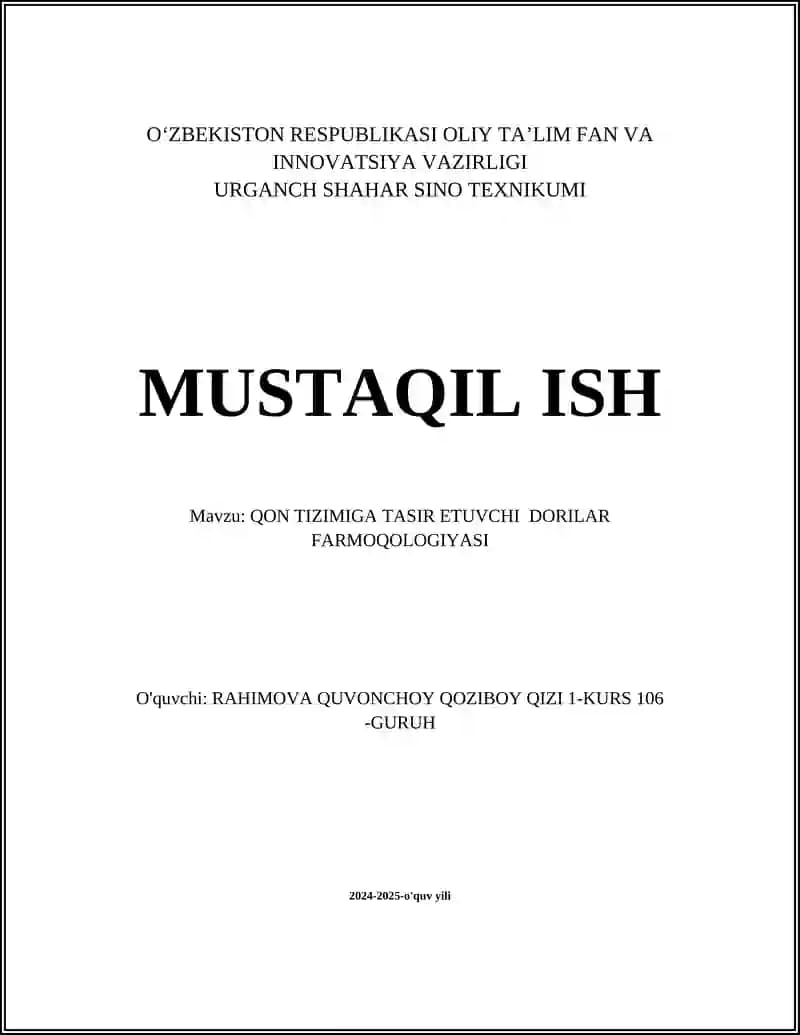 QON TIZIMIGA TASIR ETUVCHI DORILAR FARMOQOLOGIYASI