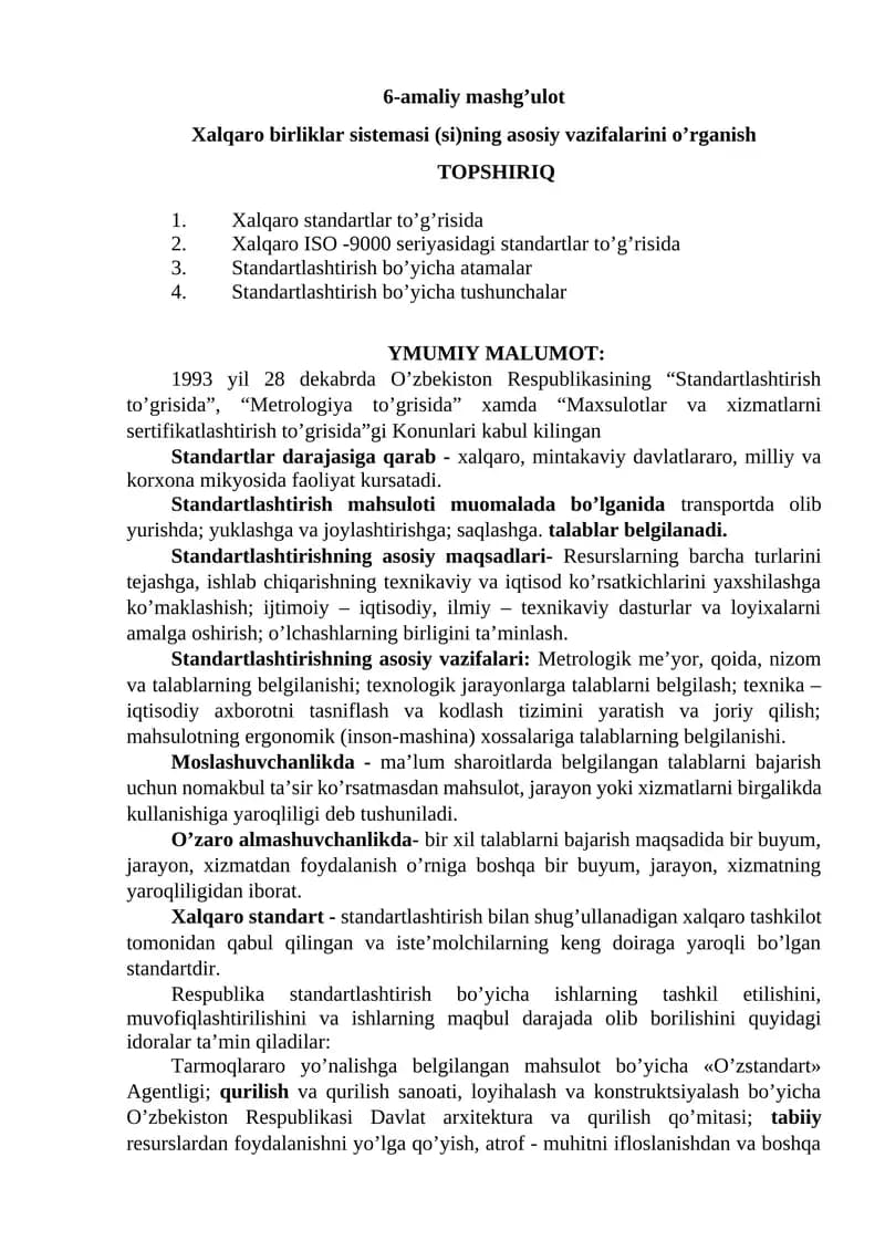 Xalqaro birliklar sistemasi (si)ning asosiy vazifalarini o’rganish