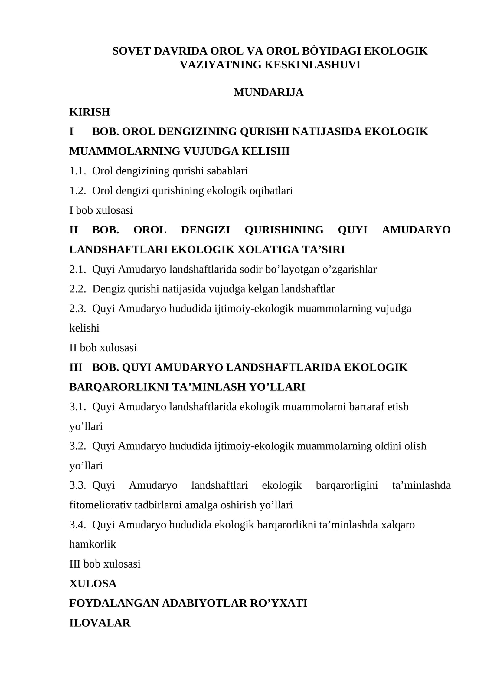 OROL VA OROL BÒYIDAGI EKOLOGIK VAZIYATNING KESKINLASHUVI