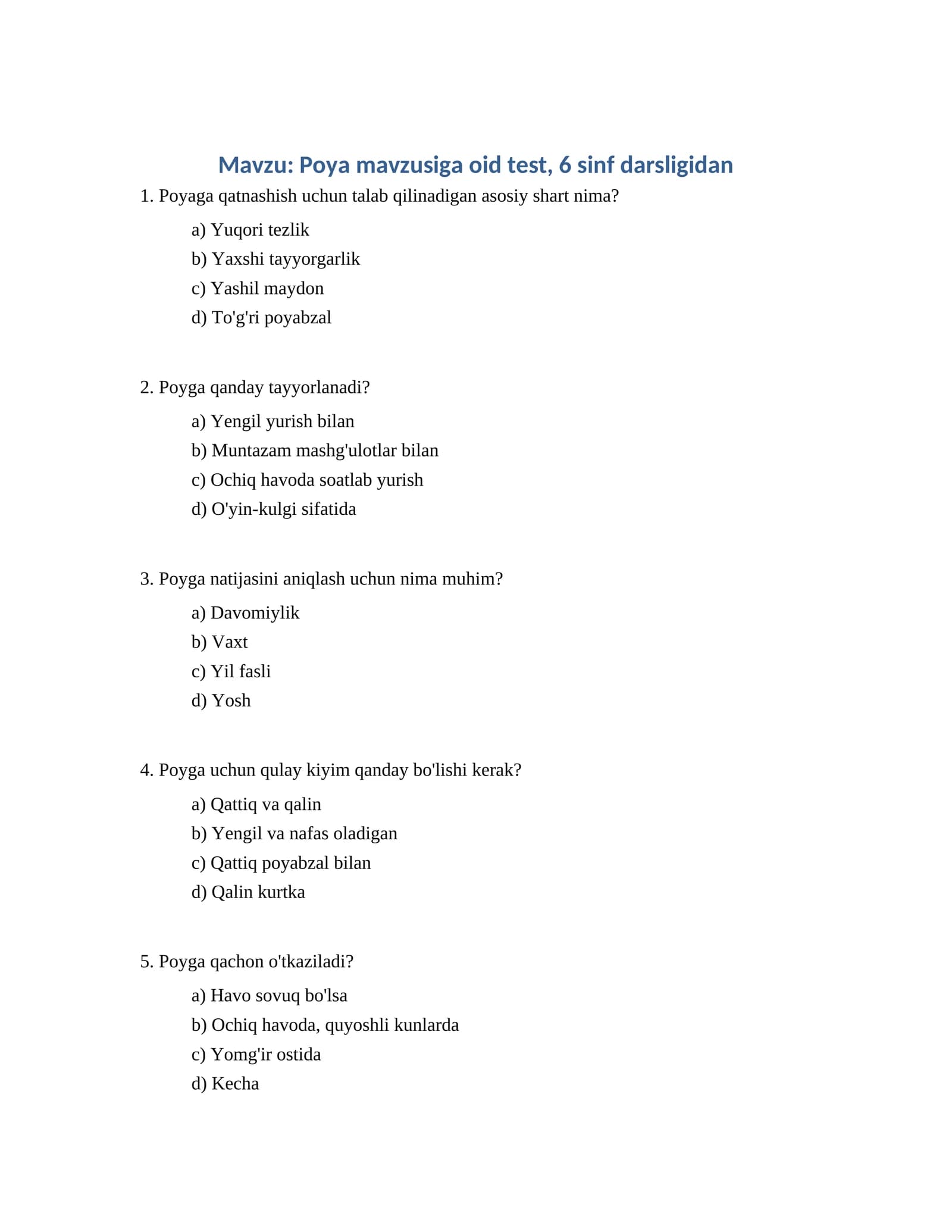 Poya mavzusiga oid test, 6 sinf darsligidan