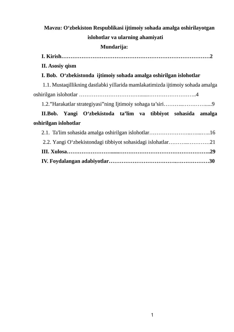 O‘zbekiston Respublikasi ijtimoiy sohada amalga oshirilayotgan islohotlar va ularning ahamiyati