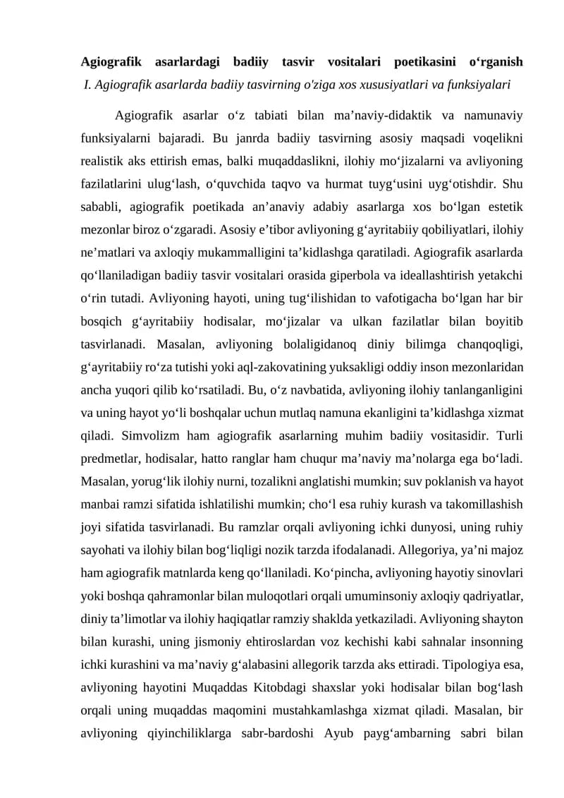 Agiografik asarlardagi badiiy tasvir vositalari poetikasini oʻrganish