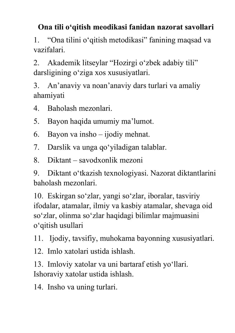 ona tili o'qitish metodikasi fanidan savollar