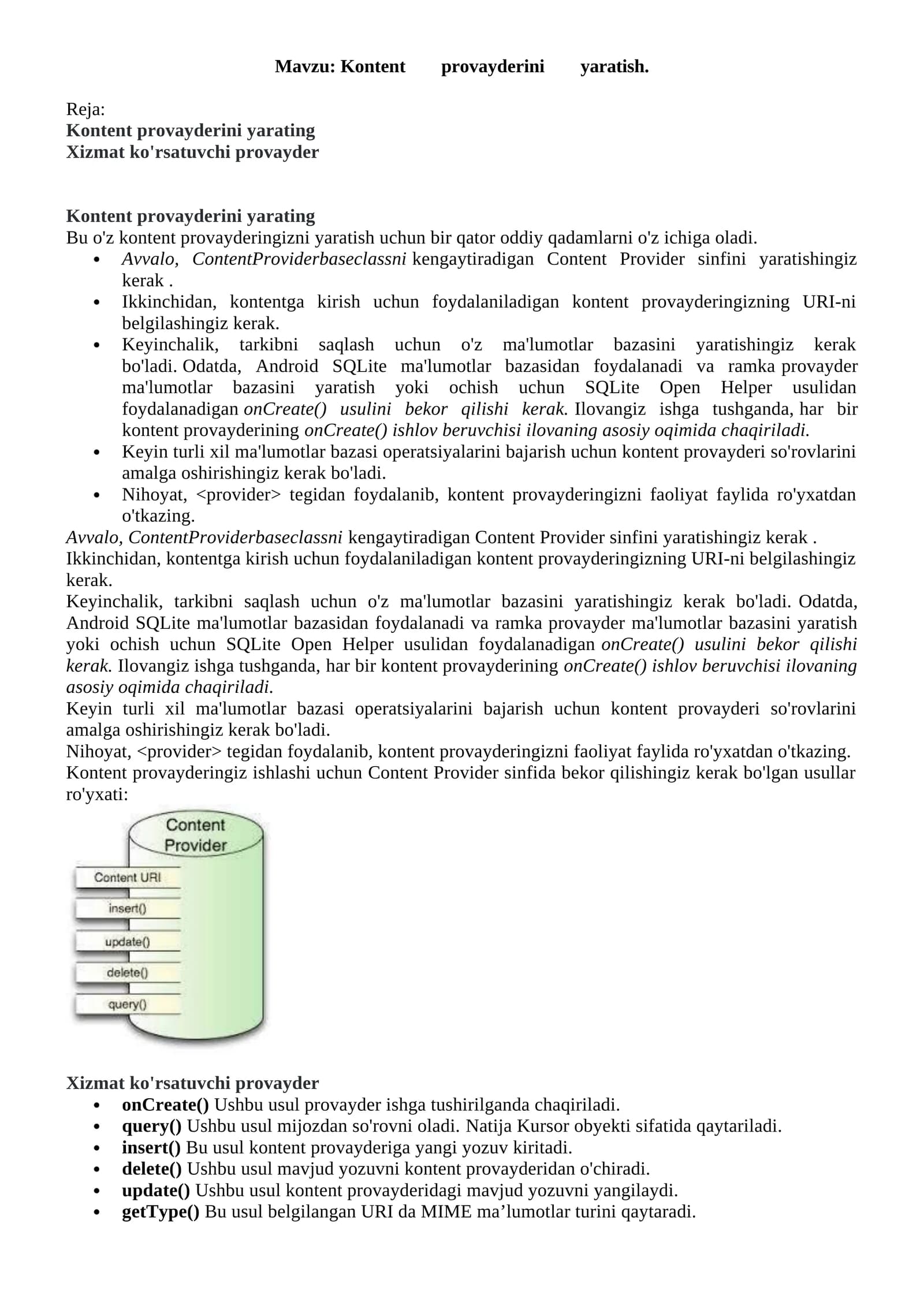 Kontent provayderini yaratish