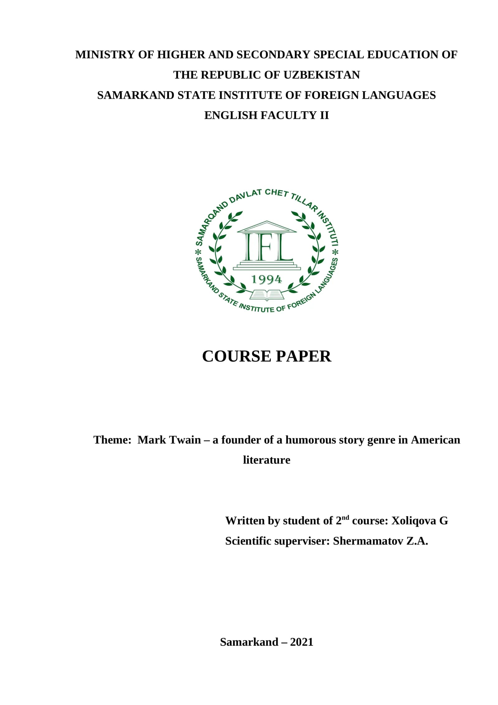 Cours paper on Mark Twain
