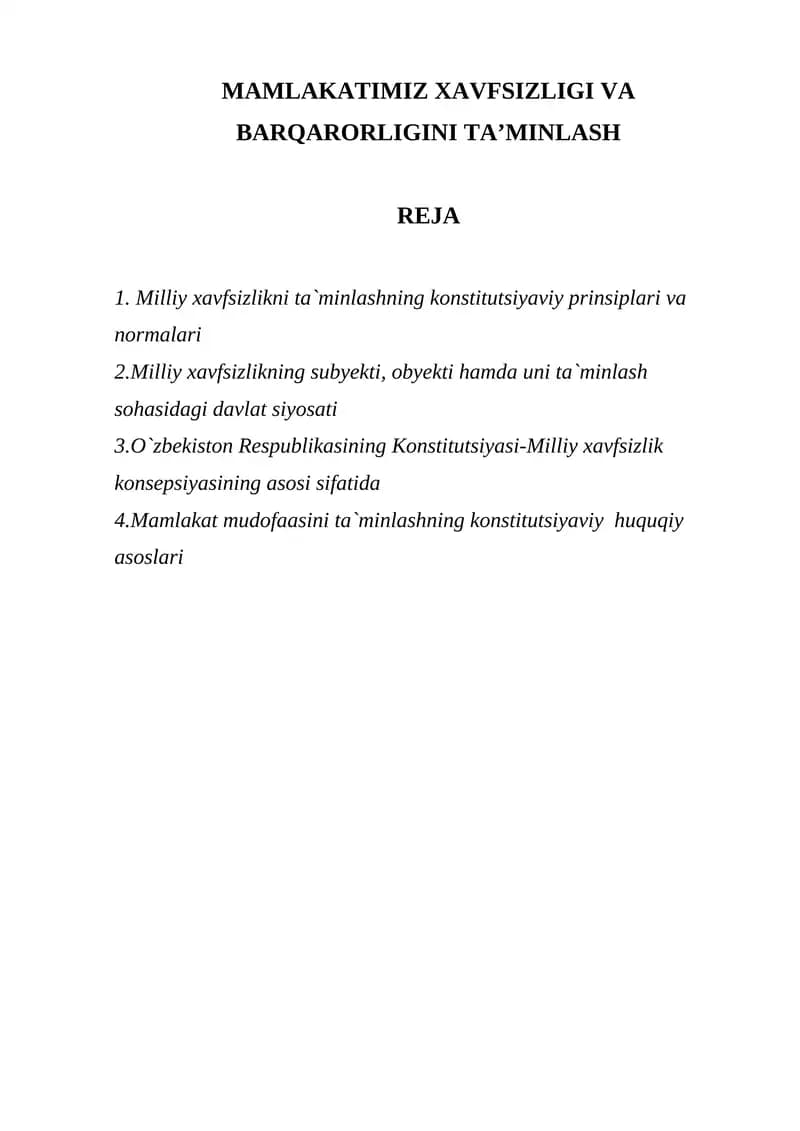 MAMLAKATIMIZ XAVFSIZLIGI VA BARQARORLIGINI TAʼMINLASH