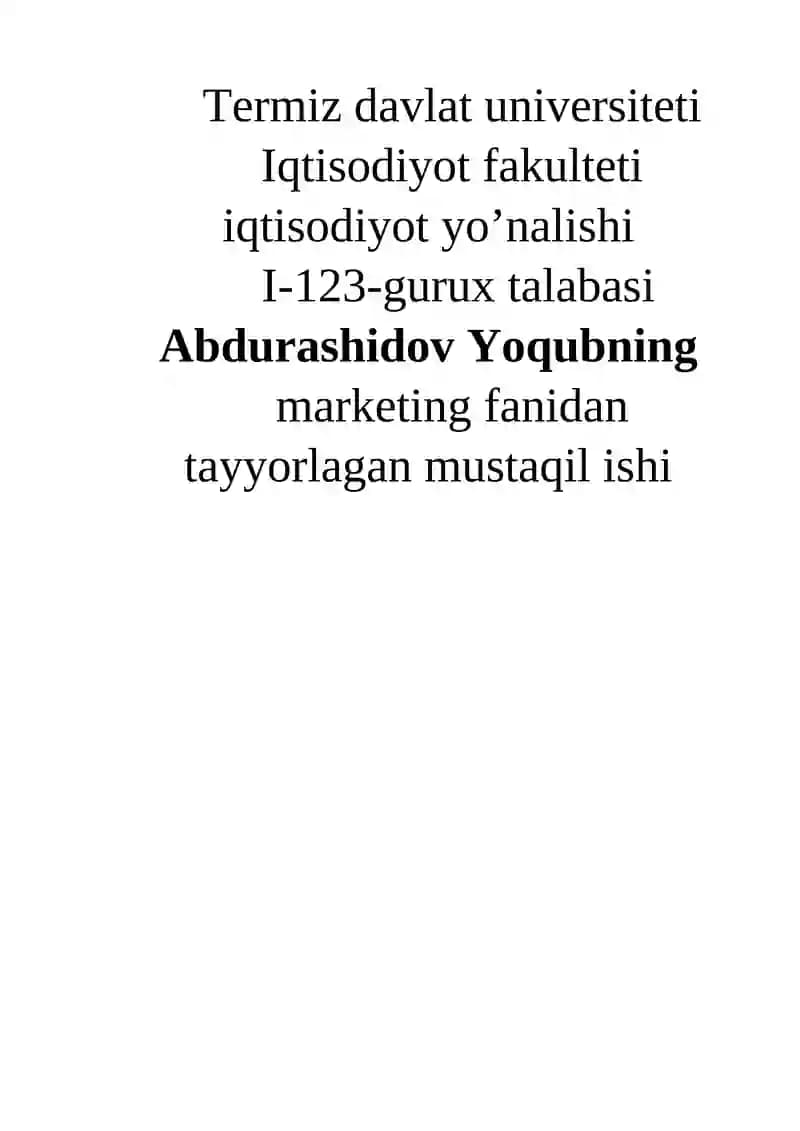 Marketing fanidan, Amaliy shakli uchun topshiriqlar