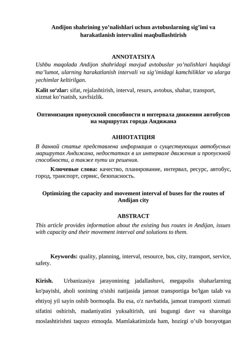 Urbanizatsiya jarayoni va avtobuslar harakatlanish intervalini optimallashtirish