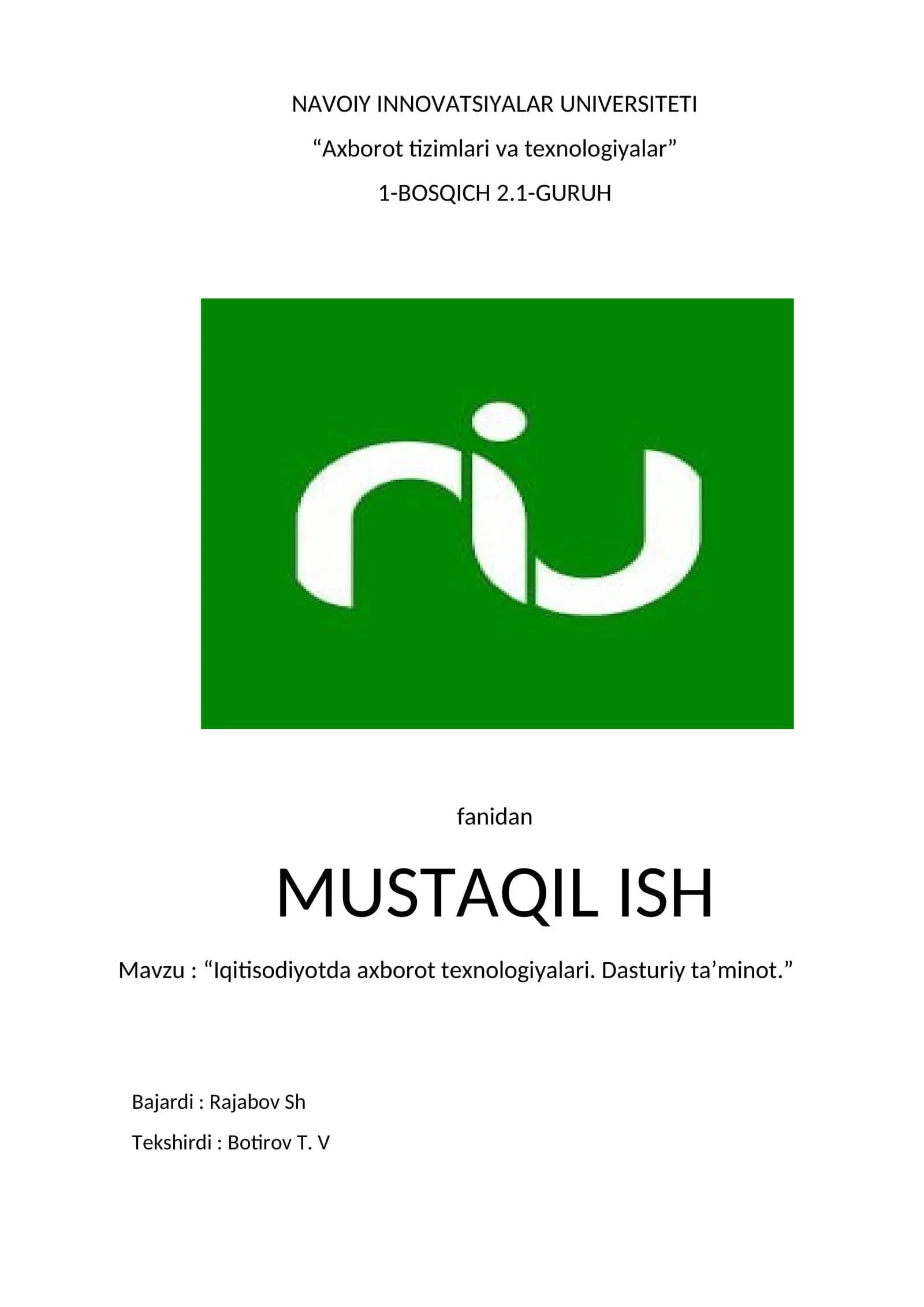 "Iqitisodiyotda axborot texnologiyalari. Dasturiy ta’minot."