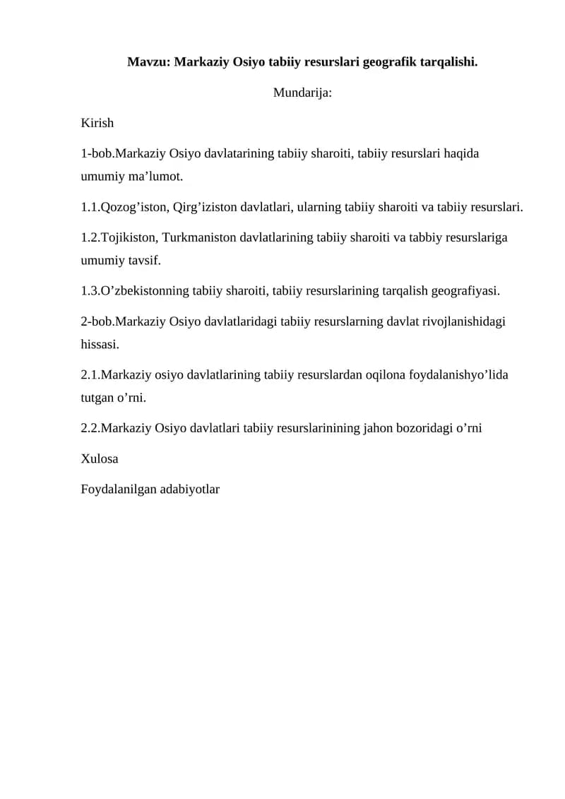 Markaziy Osiyo tabiiy resurslari geografik tarqalishi