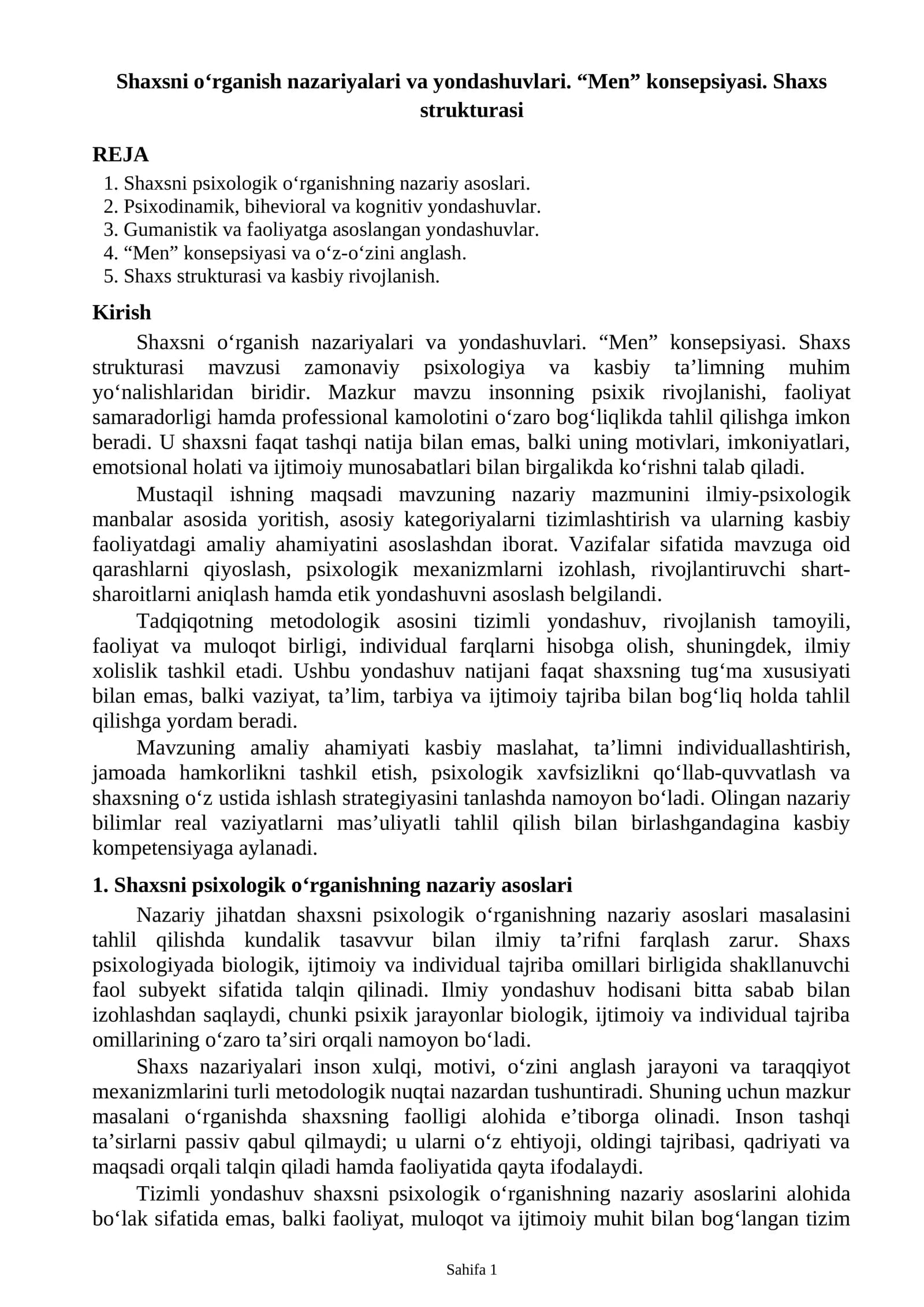 Shaxsni o‘rganish nazariyalari va yondashuvlari