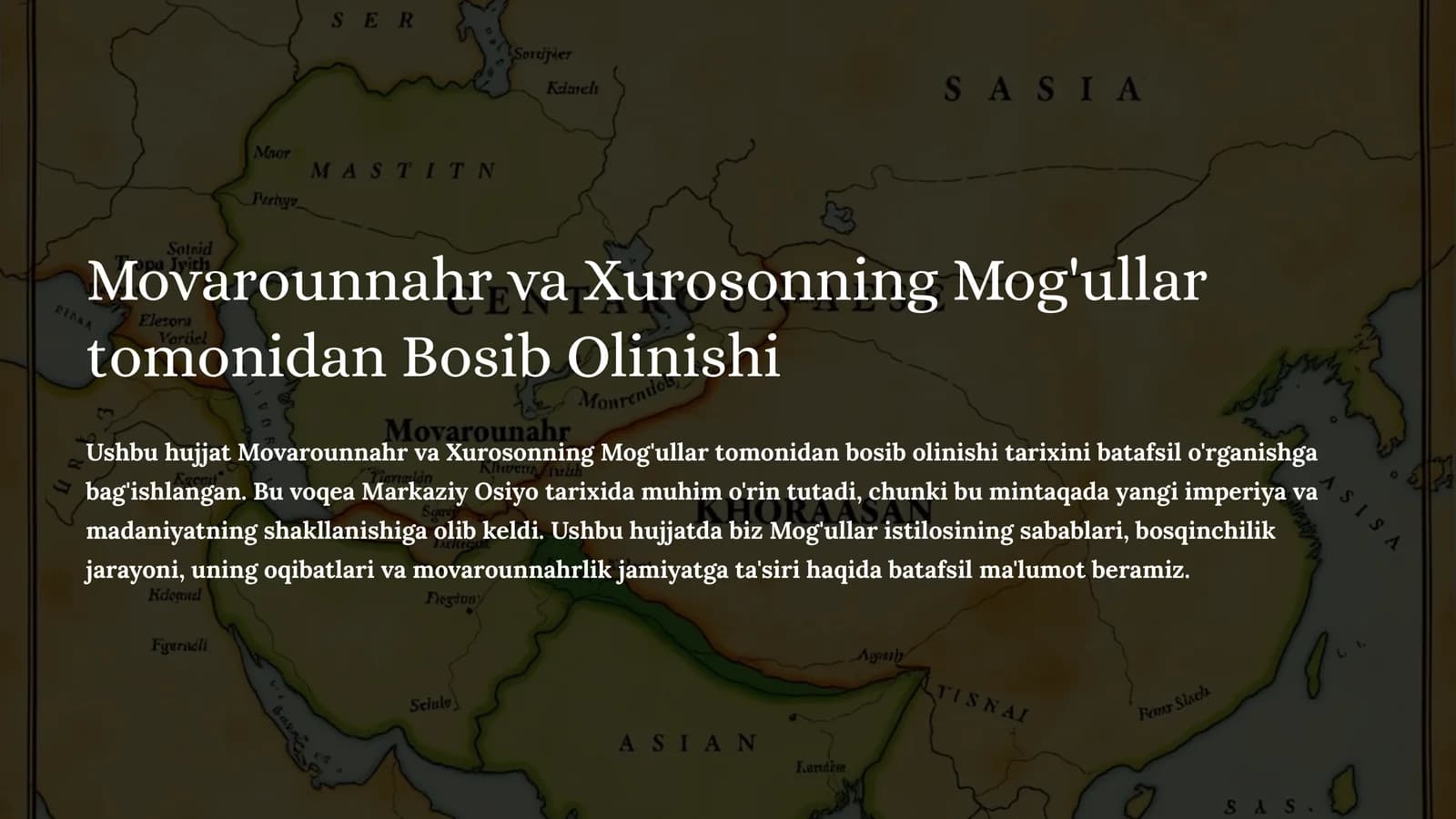 Movarounnahr va Xurosonning Mog'ullar tomonidan Bosib Olinishi mavzusida tayyor taqdimot