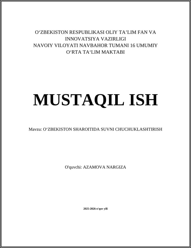O‘ZBEKISTON SHAROITIDA SUVNI CHUCHUKLASHTIRISH
